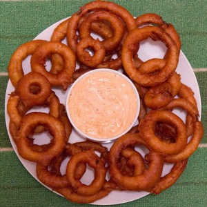 onion rings and cajun dip
