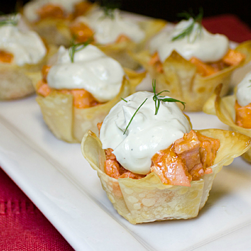 Buffalo Chicken Wonton Cups with a Blue Cheese Mousse