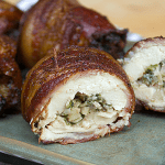 Smoked chicken thigh wrapped in bacon with mushroom stuffing