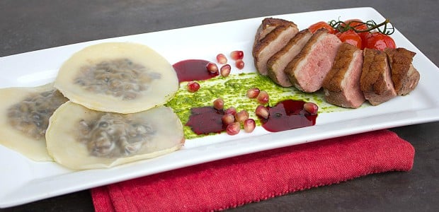Duck Breast and Cognac Duxelle Wonton Ravioli with Pomegranate Cognac Sauce and Basil Pesto