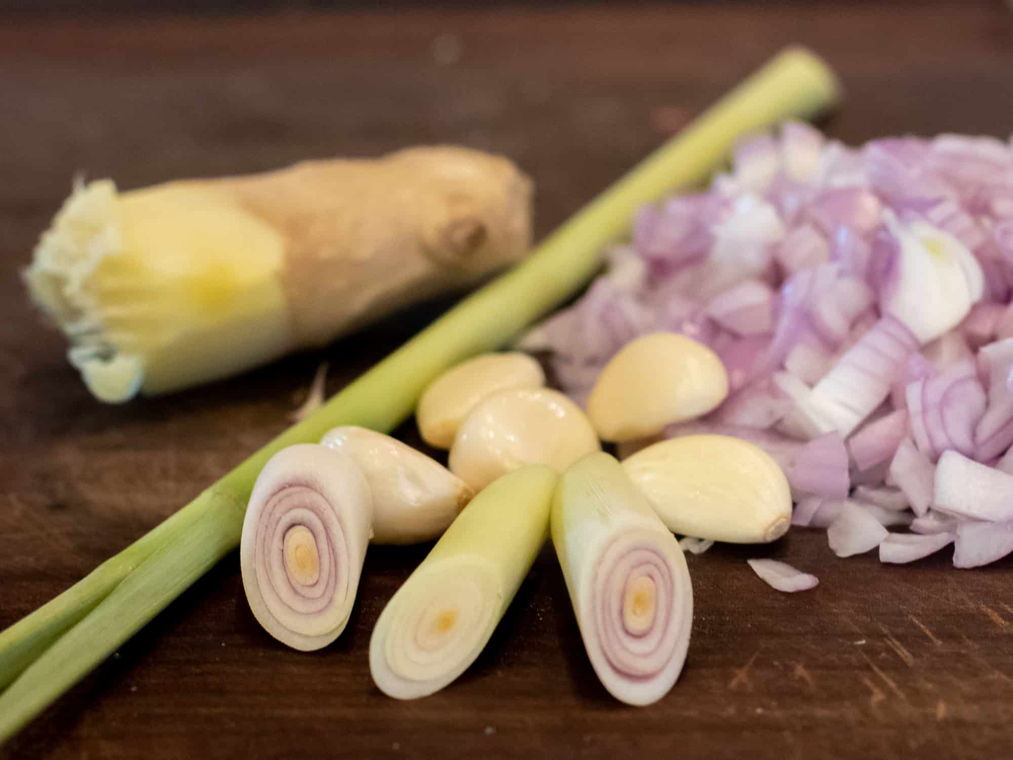 Garlic, ginger, lemongrass and shallots are great for providing aromatics to the soup