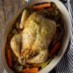 Overhead picture of a stuffed roasted chicken.