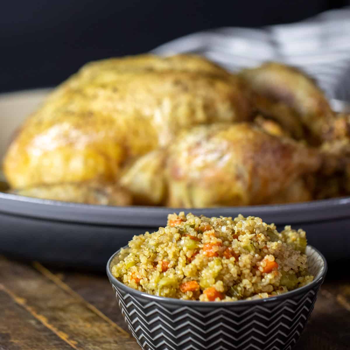 A bowl of quinoa stuffing with carrots and celery.