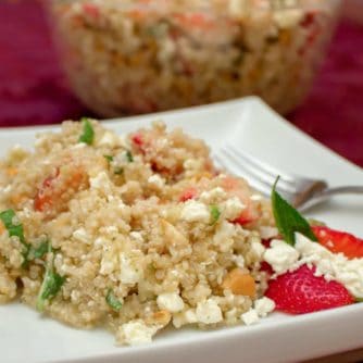 This salad recipe is light and fresh with the strawberries and mint but earthy with the quinoa. The feta provides a salty rich flavour and the cashews give a nutty texture.