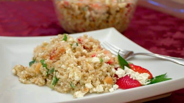 This salad recipe is light and fresh with the strawberries and mint but earthy with the quinoa. The feta provides a salty rich flavour and the cashews give a nutty texture.