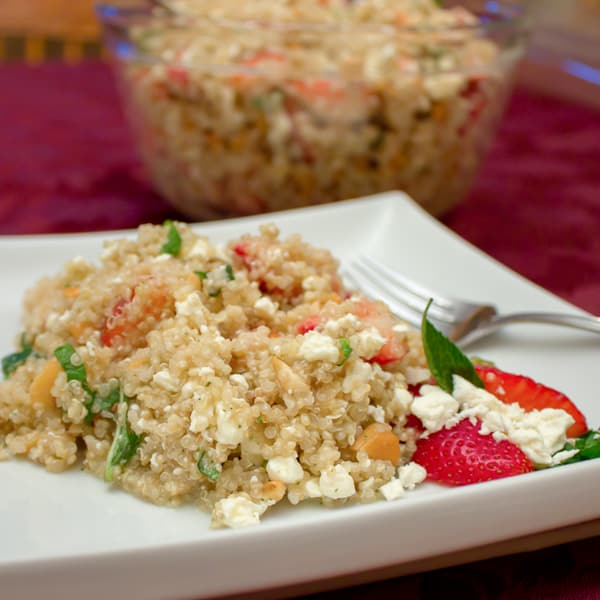 This salad is light and fresh with the strawberries and mint but earthy with the quinoa. The feta provides a salty rich flavour and the cashews give a nutty texture.