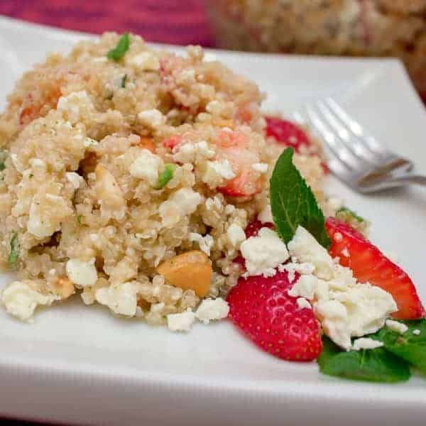 This salad is light and fresh with the strawberries and mint but earthy with the quinoa. The feta provides a salty rich flavour and the cashews give a nutty texture.