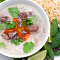 A flavourful soup that is classic in Vietnamese cuisine. The broth is made with a beef bone and some asian spices.