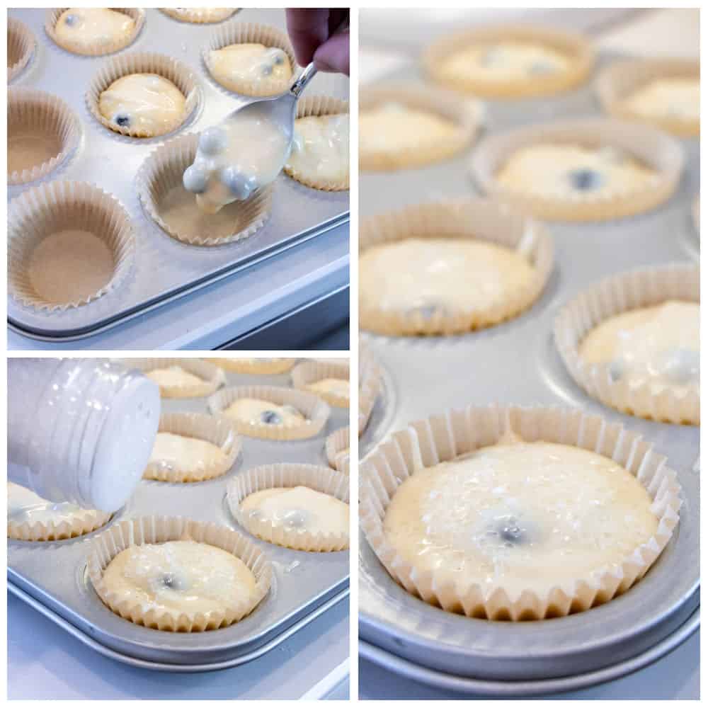 Pouring batter into muffin tray with paper liners.