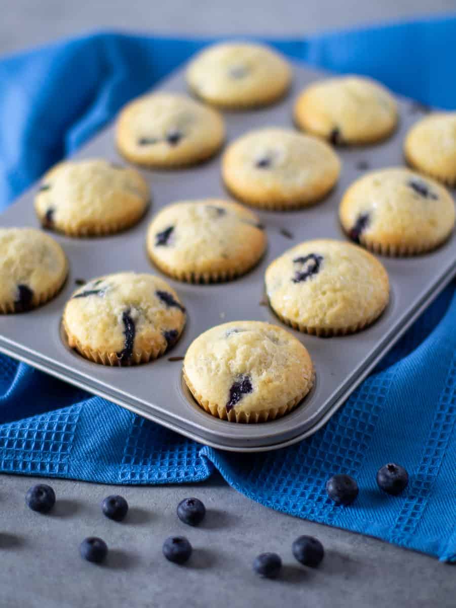 A tall image of muffins with fresh blueberries.