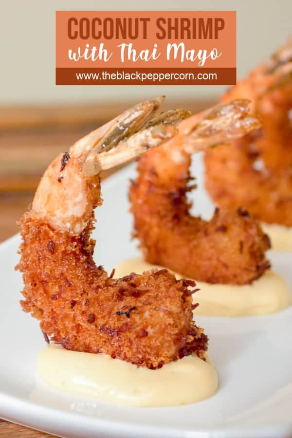 This deep fried shrimp recipe has a crispy breading of panko and coconut. The Thai mayo has tang from lime juice and heat from sriracha sauce and is the perfect dip for these delicious shrimp.