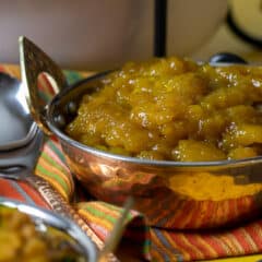 A bowl of mango chutney in an Indian style dish.