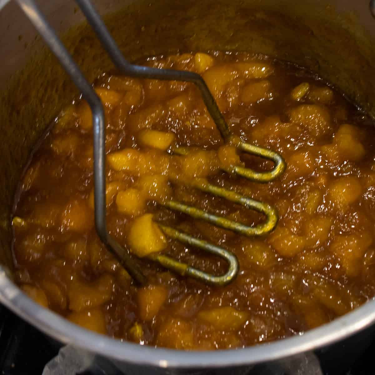 Use a potato masher to crush the softened mango.