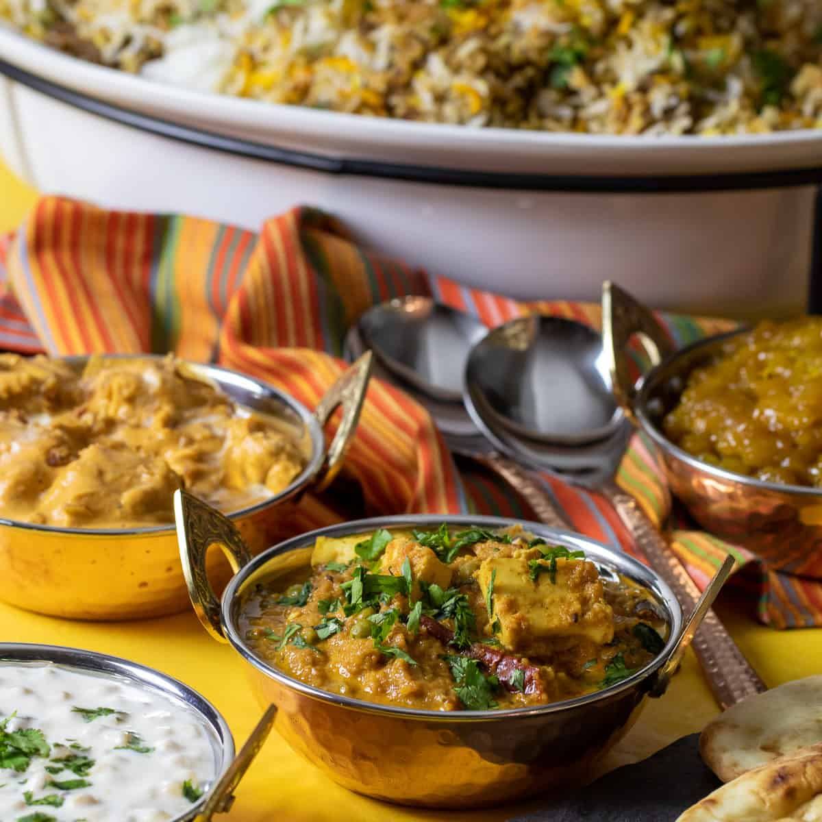 A full Indian feast with many dishes.
