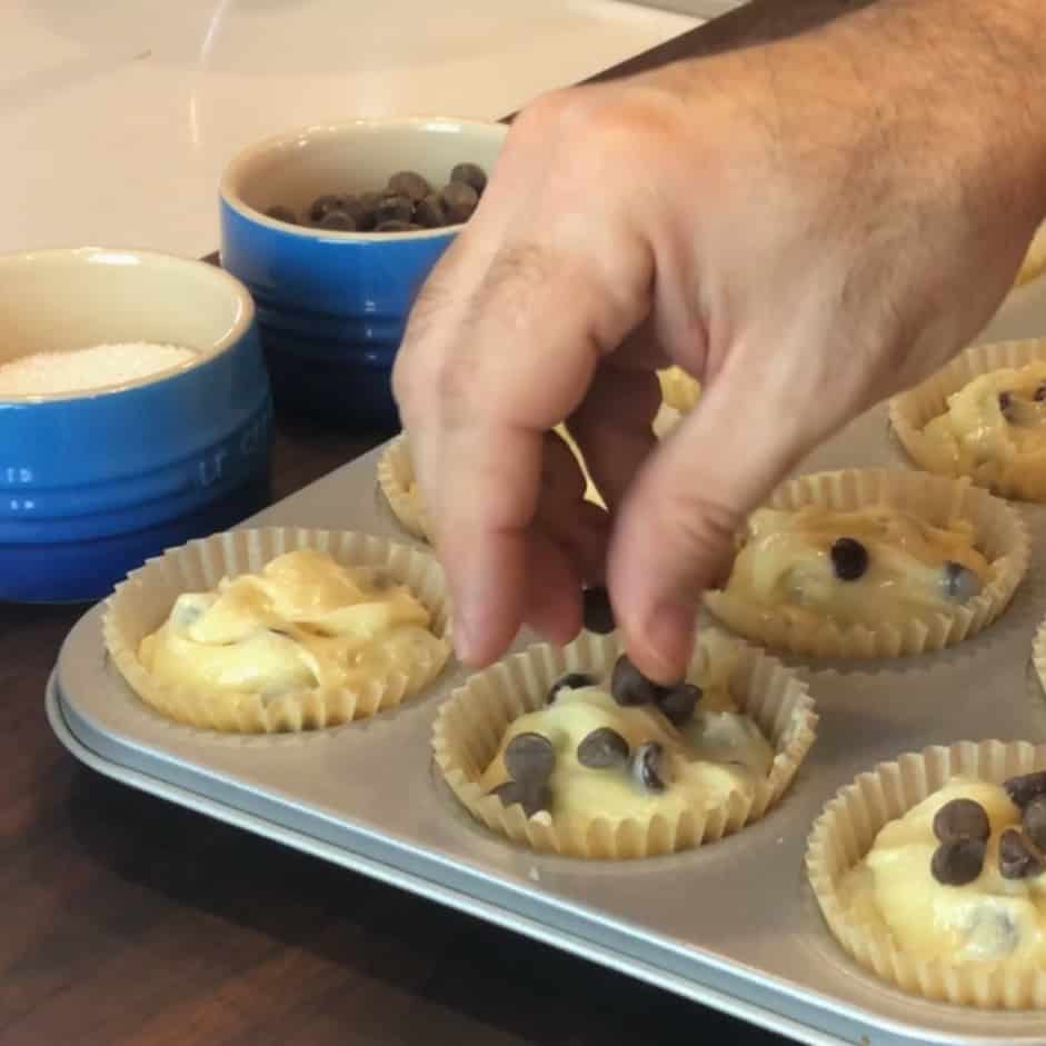 Sprinkle some extra chocolate chips and coarse sugar on top of the batter.