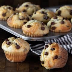 A tray of baked chocolate chip muffins.