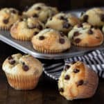 Square image of chocolate chip muffins in a tray.