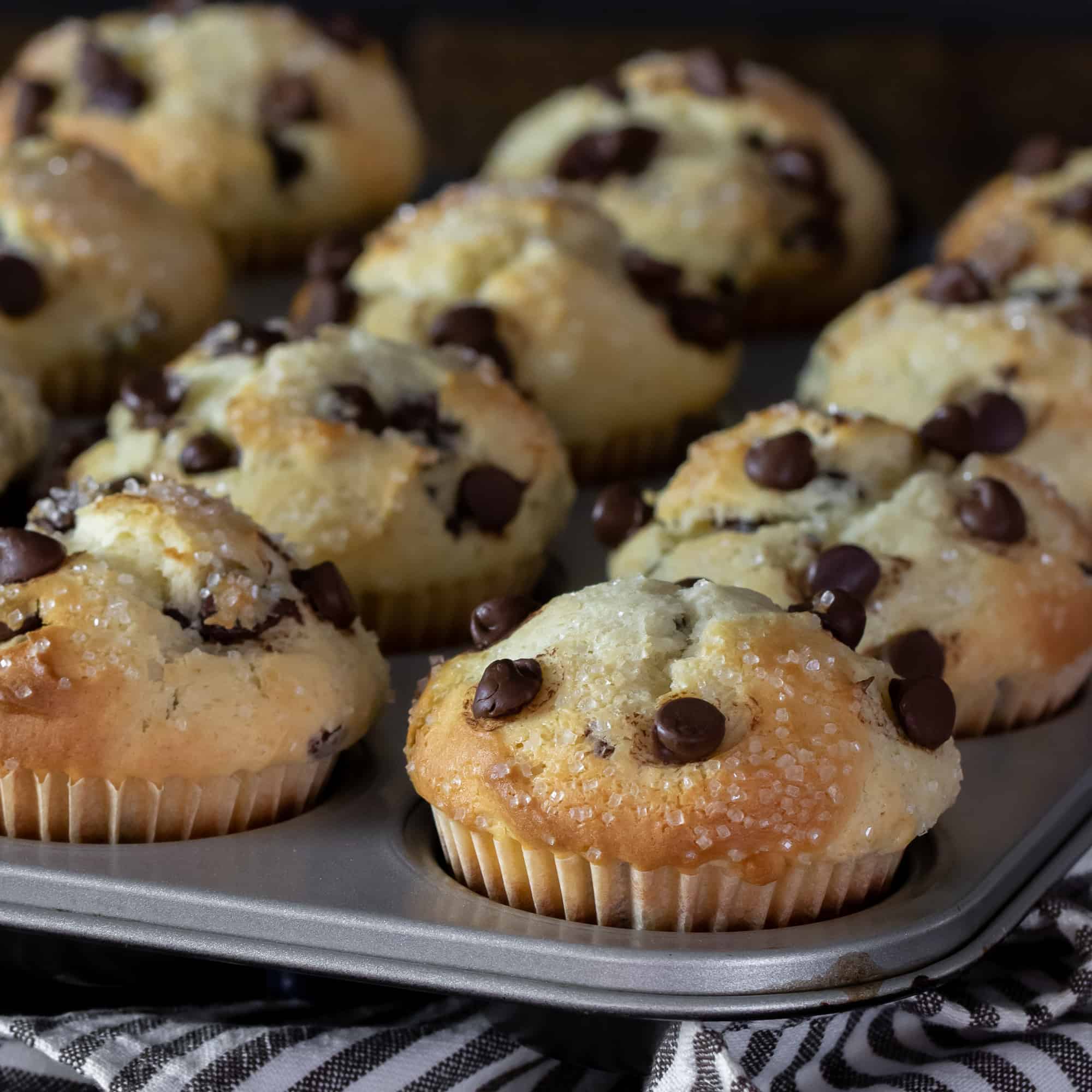 Fresh baked chocolate chip muffins at 400F for 15 to 18 minutes.