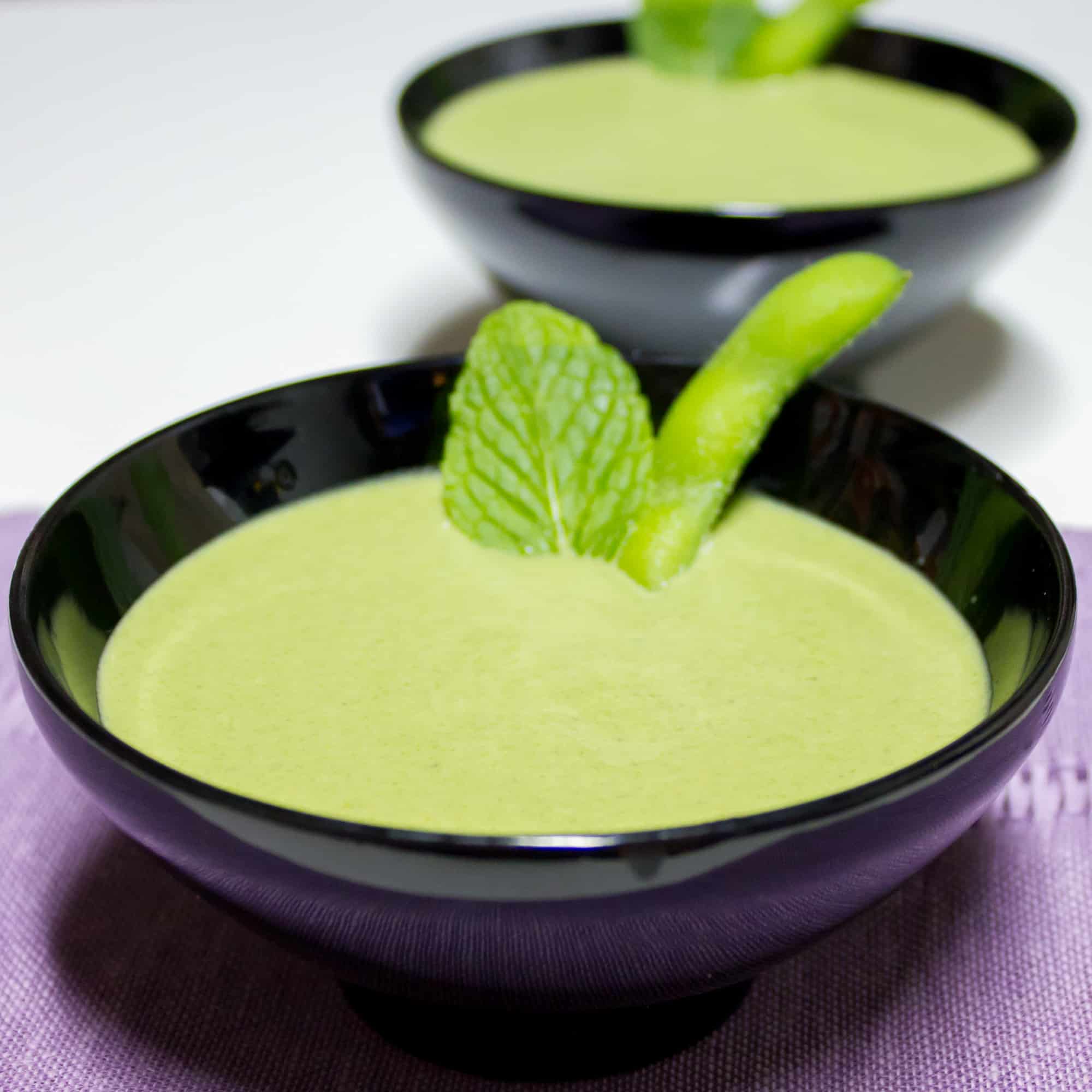 A smooth and creamy soup made with edamame and spinach. A silky texture and a hint of mint this soup is healthy and packed with protein and nutrients.