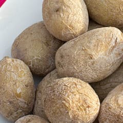 Overhead picture of salted potatoes in a bowl