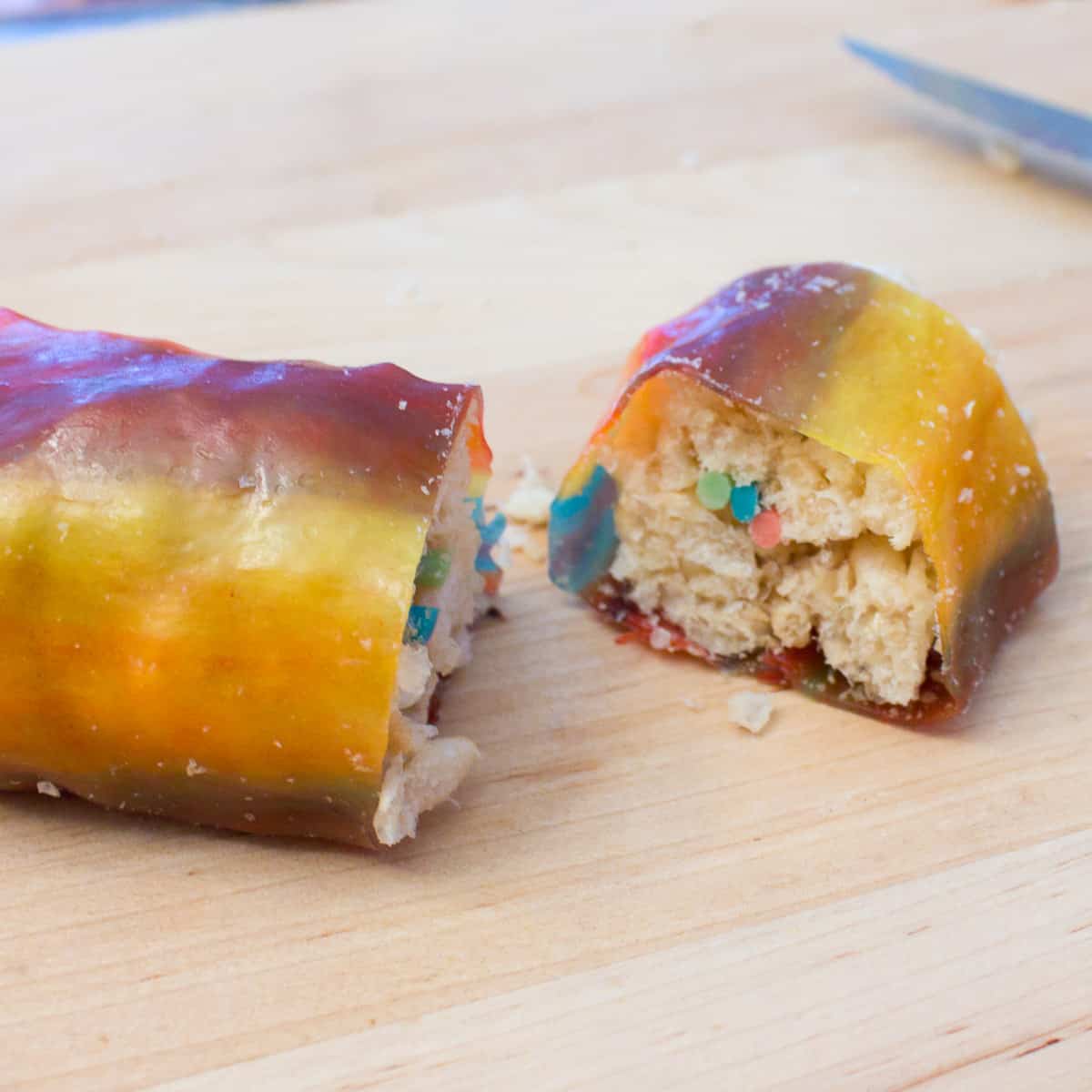 Roll up the rice krispie square with the fruit roll up and liquorice.