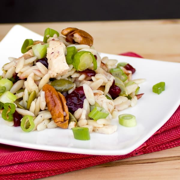 A hearty and healthy pasta salad recipe with orzo, chicken, pecans, dried cranberries, pumpkin seeds, scallions with a lemon vinaigrette using lemon juice, zest and olive oil.