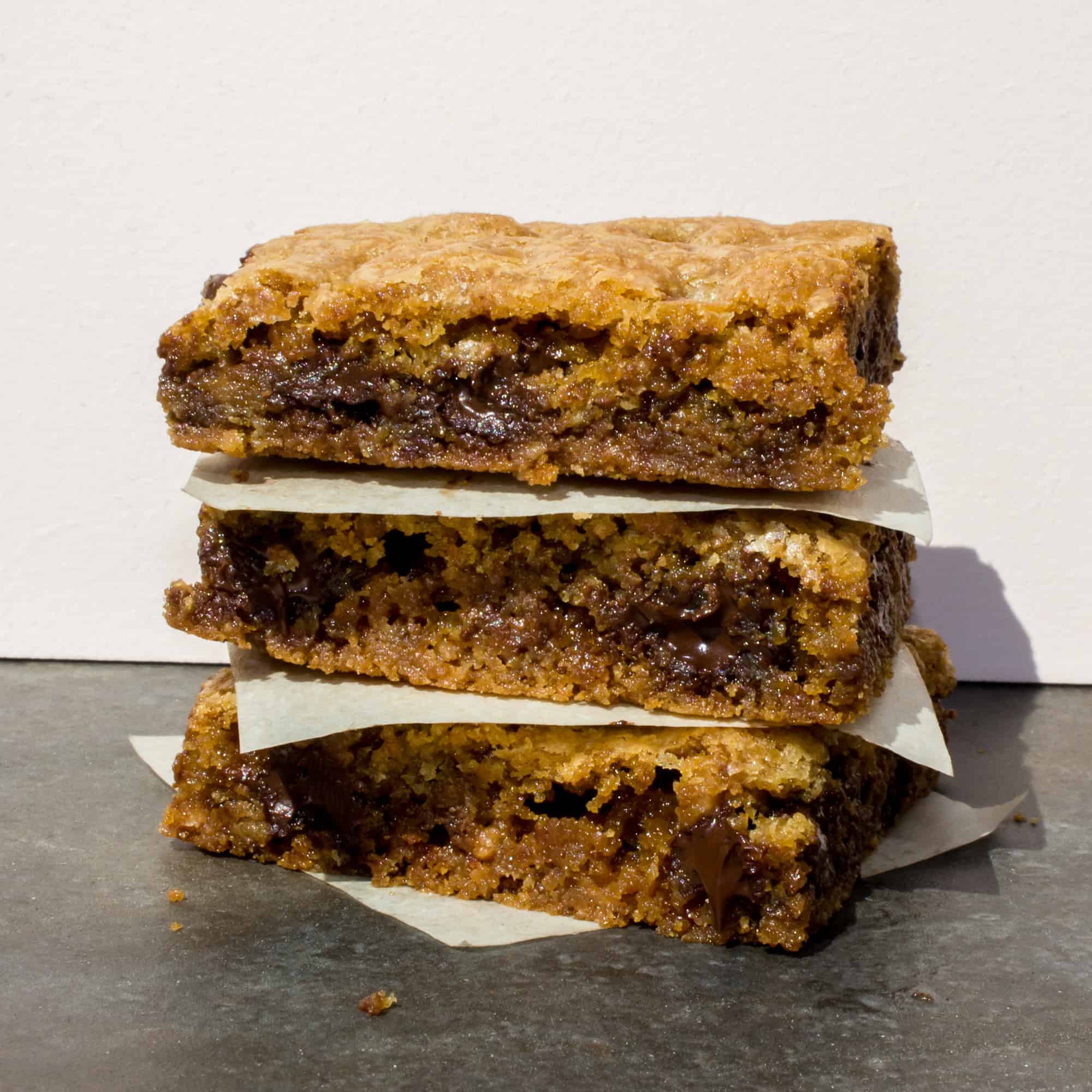 Classic chocolate chip recipe with Skor butter crunch toffee pressed on a sheet, baked and cut into bars. These cookie squares go great with coffee or milk.