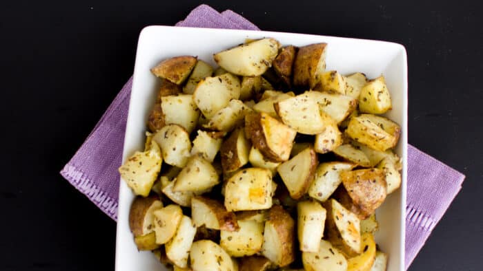 Overhead picture of roasted hash brown potatoes.