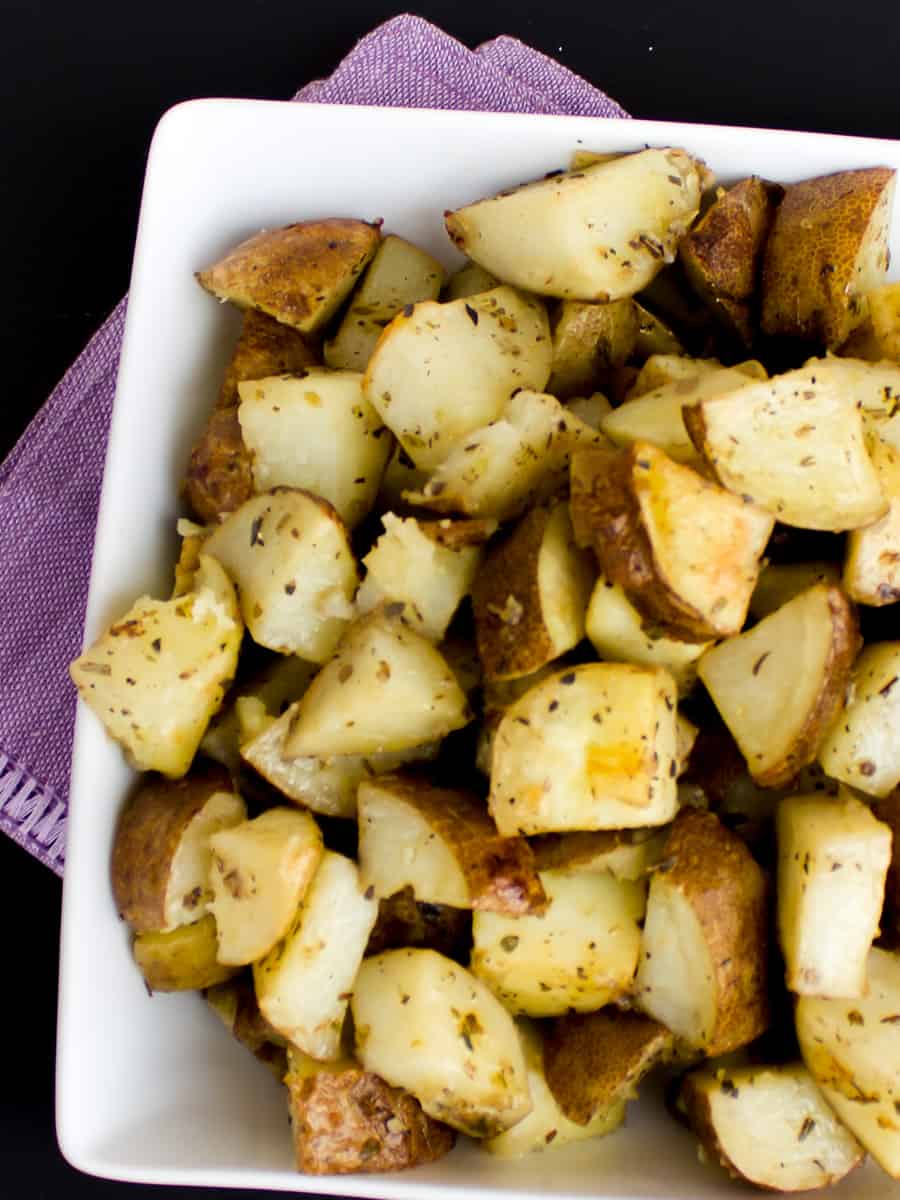 Tall overhead image of a bowl or hash browns.