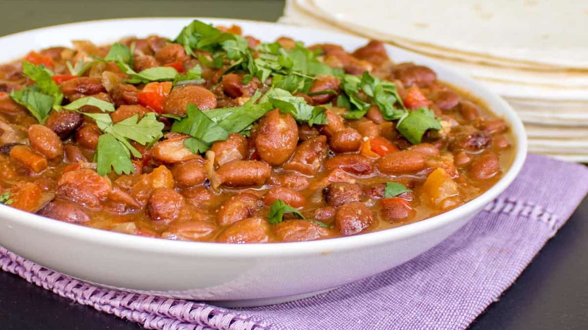 Mexican Pinto Beans Frijoles Charros, mash to make refried