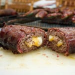 A smoked meatloaf stuffed with cheddar and wrapped in a bacon weave