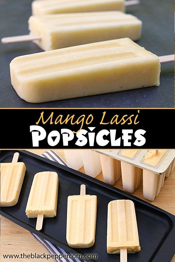 Mango Lassi Popsicle. Frozen Mango smoothie with mango puree, yogurt, milk, honey and cardamom.