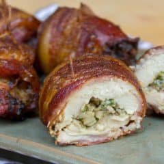 Smoked chicken thigh wrapped in bacon with mushroom stuffing