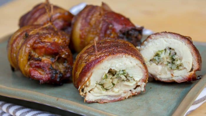 Smoked chicken thigh wrapped in bacon with mushroom stuffing