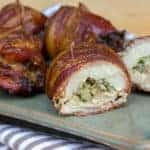 Smoked chicken thigh wrapped in bacon with mushroom stuffing