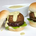 Grilled portobello mushroom slider with Indian eggplant, arugula and Spicy Avocado Ranch made with Hidden Valley Ranch.