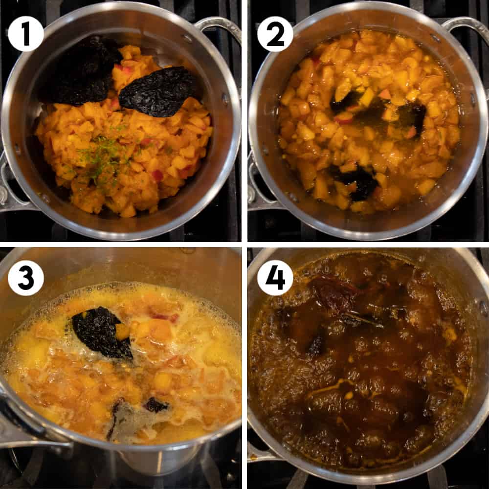 Step by step photos with pot of simmering sauce.