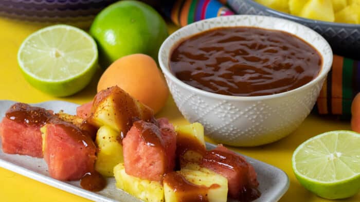 A bowl of Mexican Chamoy fruit sauce homemade with apricots, lime juice and more.