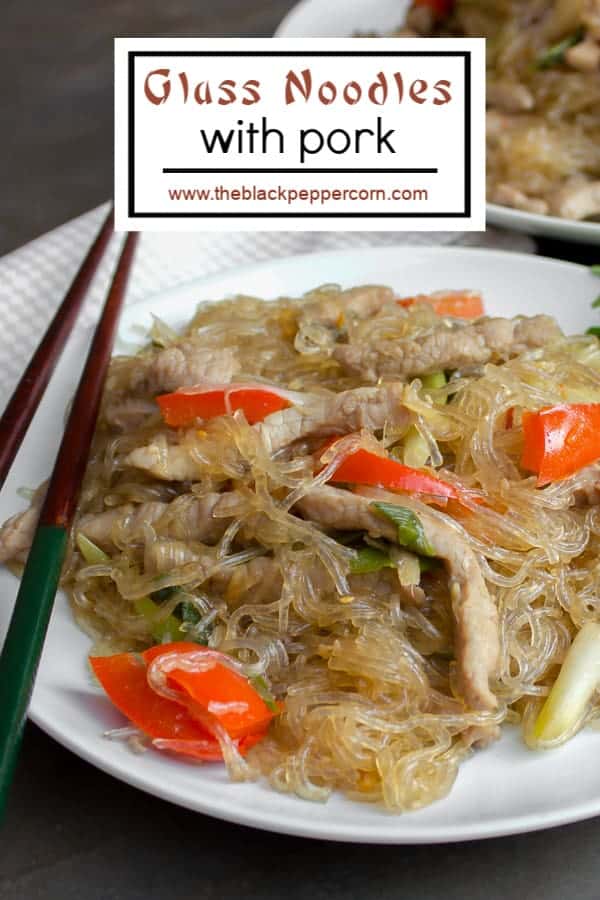 A recipe for an Asian inspired dish with pork, red peppers and green onions/scallions and glass noodles. Also known as crystal noodles, cellophane noodles or Chinese noodles, these are made with bean or peas.