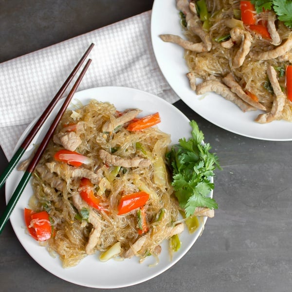 A Thai inspired dish with pork, red peppers and green onions/scallions and glass noodles. Also known as crystal noodles, cellophane noodles or Chinese noodles, these are made with bean or peas.