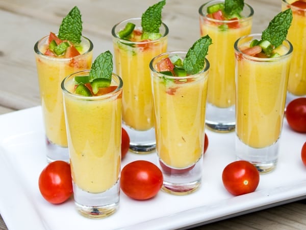  This soup is adapted from a golden gazpacho recipe I saw in the Canadian Living magazine from August 2007. It is perfect for parties and it can be made ahead and kept in the fridge for a number of hours. If the soup has separated after being in the fridge for a bit, just give it a quick stir before serving.