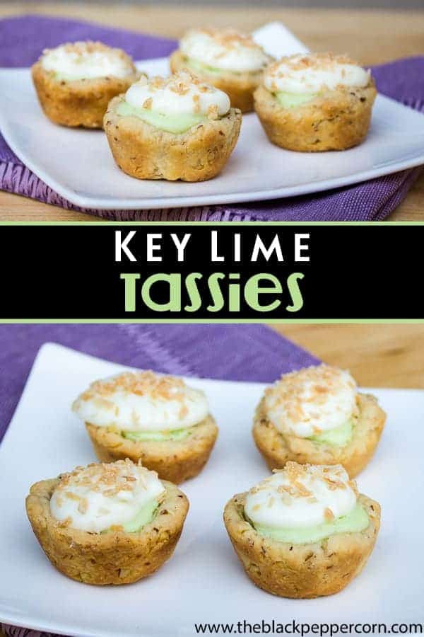 Key Lime mini tarts with coconut and almonds or macadamia nuts. Topped with whipped cream or meringue. Tastes just like key lime pie.