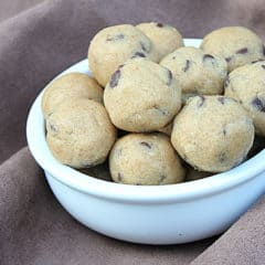 Chocolate chip peanut butter cookie dough bites. Easy recipe for a no-bake dessert snack.