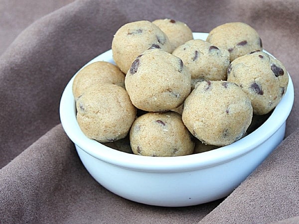 Chocolate chip peanut butter cookie dough bites. Easy recipe for a no-bake dessert snack.