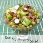 This healthy salad recipe has wheat berries, granny smith apples, red onions, raisins, parsley, toasted almonds with a sweet mild curry vinaigrette.