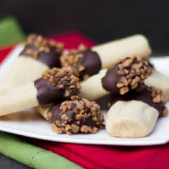 Buttery shortbread cookies dipped in chocolate and Skor toffee bits.