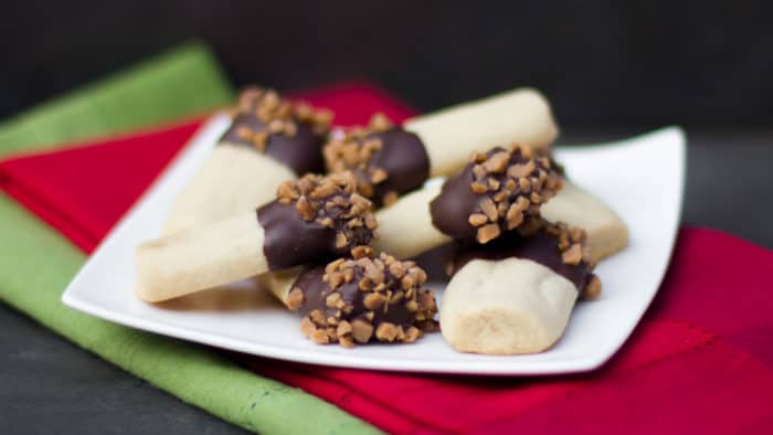 Buttery shortbread cookies dipped in chocolate and Skor toffee bits.