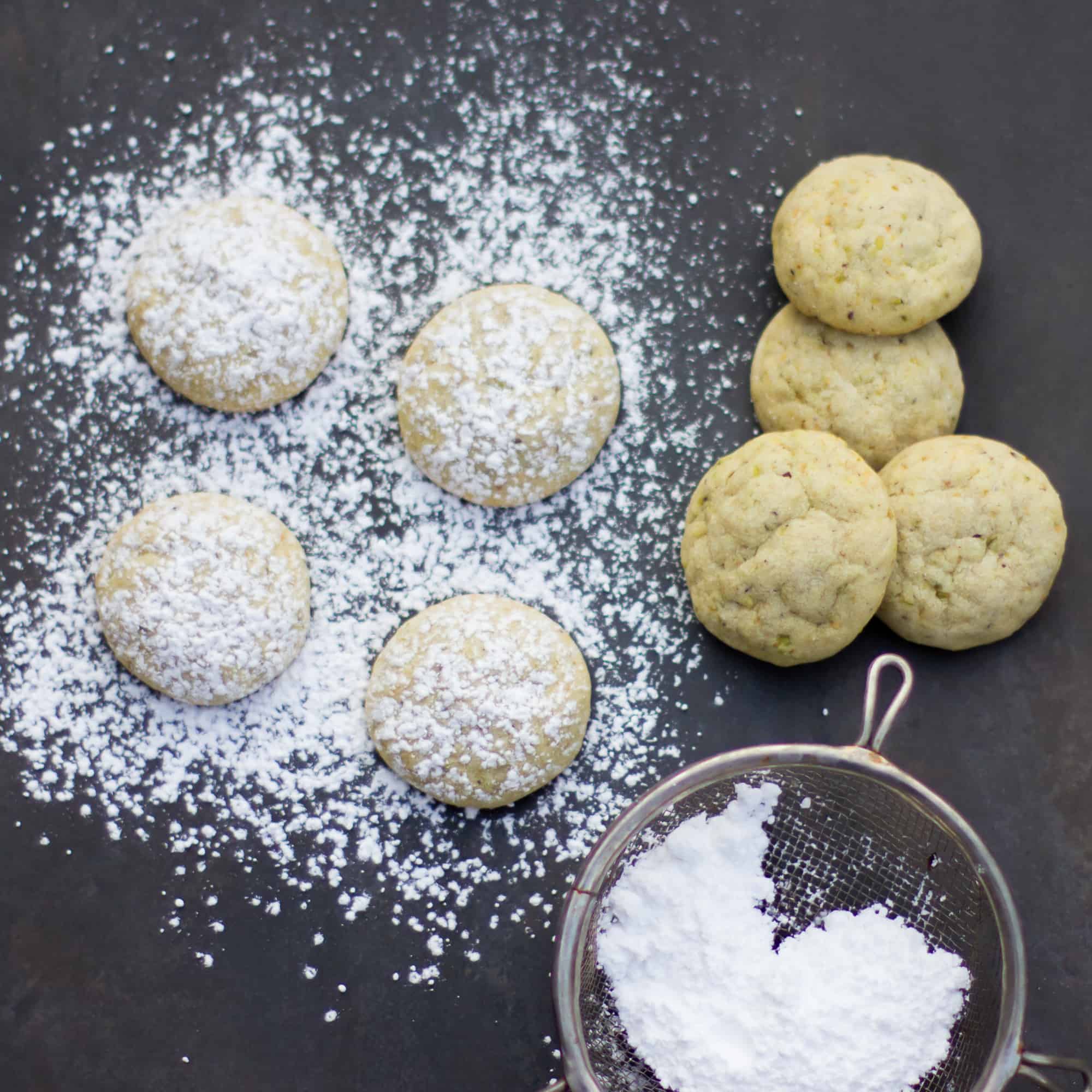 Similar to Mexican wedding cookies, these are light, crumbly and melt in your mouth. The pistachios give the cookie a nutty flavour and a light green colour and the cardamom provides a mild spicy flavour.