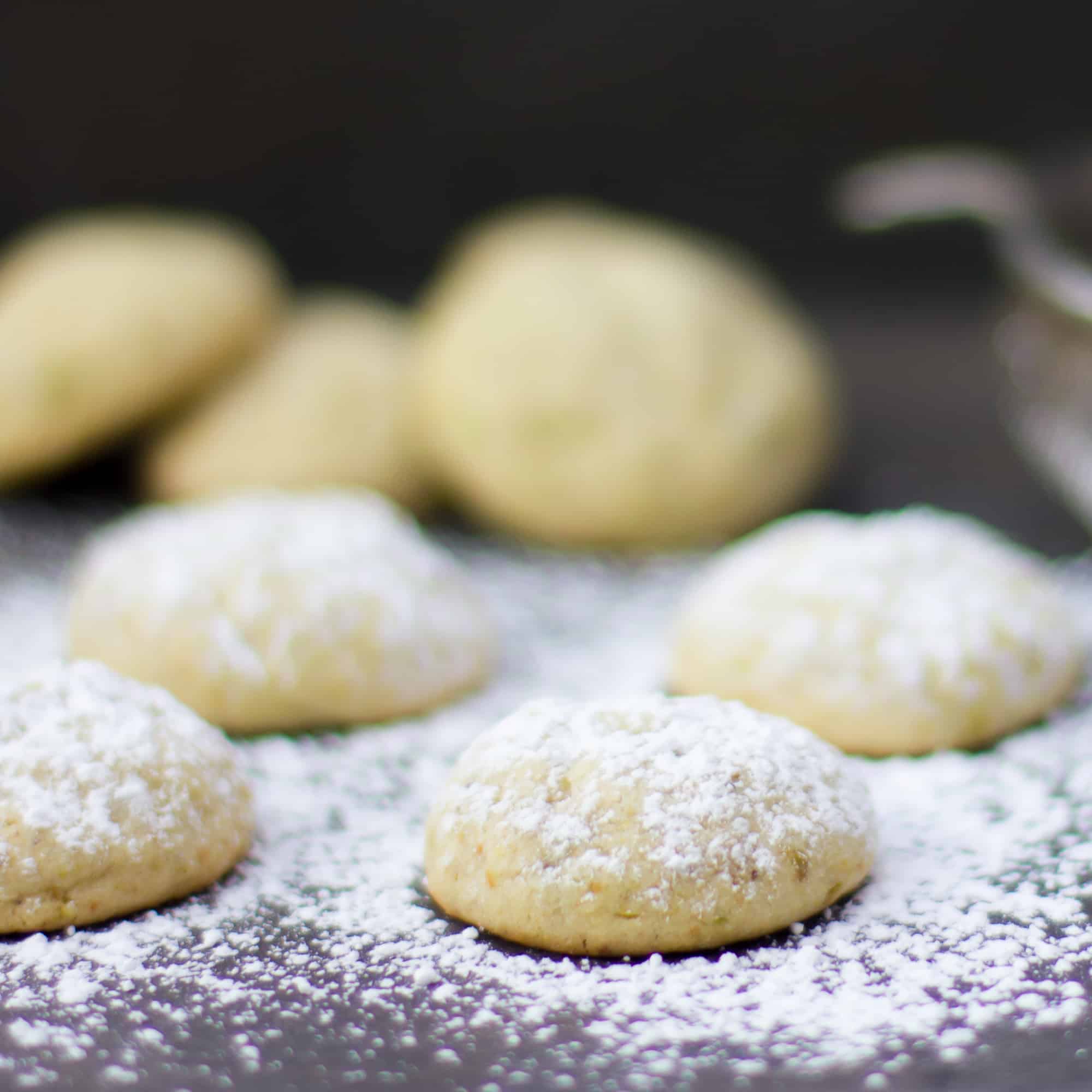 Similar to Mexican wedding cookies, these are light, crumbly and melt in your mouth. The pistachios give the cookie a nutty flavour and a light green colour and the cardamom provides a mild spicy flavour.