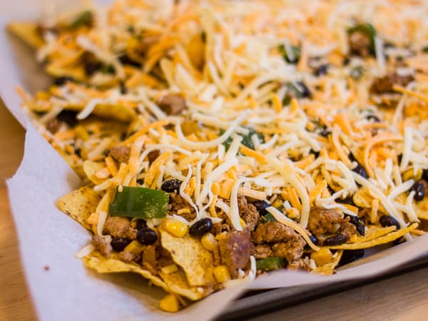 Ground Chicken Black Bean and Corn Nachos ready to bake